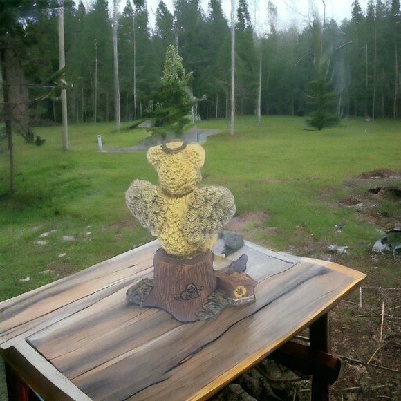 Shelly Bears & Co. 1998 Angel Bear Figurine Sitting on Stump, Holding Bird - Picture 3 of 5